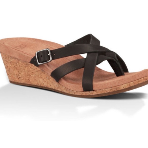 UGG Adalie Cork Wedge Thong Brown Leather Sandal Cushioned Footbed Size 10 - Picture 1 of 8